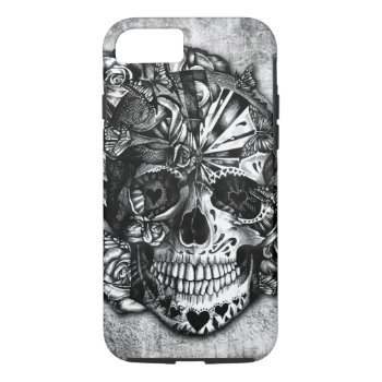 Grunge Candy sugar skull in black and white. iPhone 7 Case