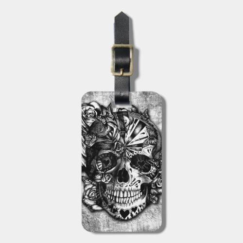 Grunge Candy sugar skull in black and white Luggage Tag