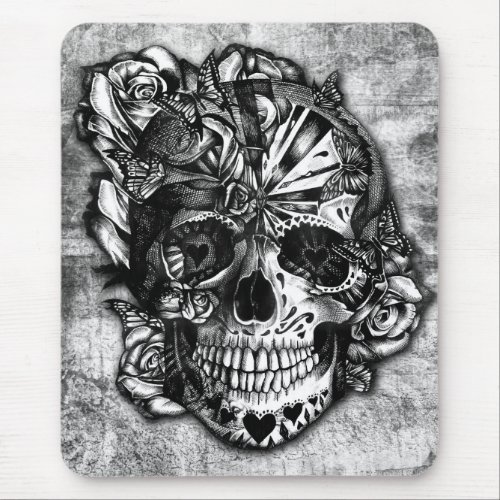 Grunge Candy sugar skull in black and white Mouse Pad