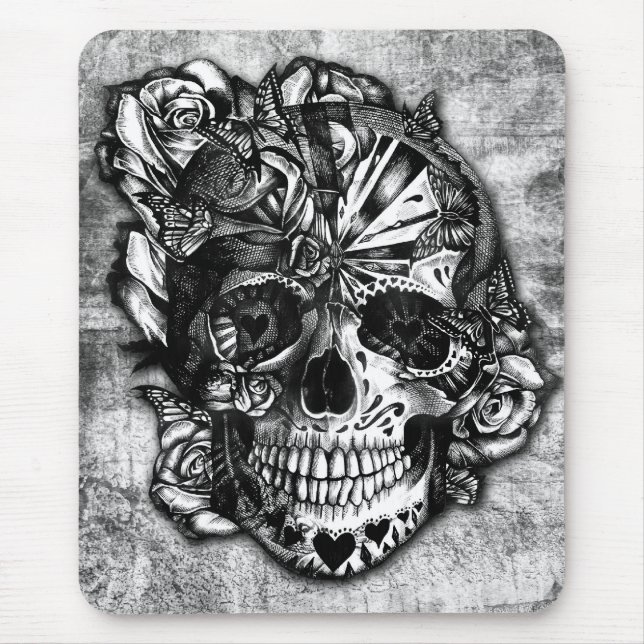 Grunge Candy sugar skull in black and white. Mouse Pad (Front)