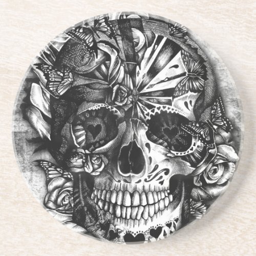 Grunge Candy sugar skull in black and white Sandstone Coaster