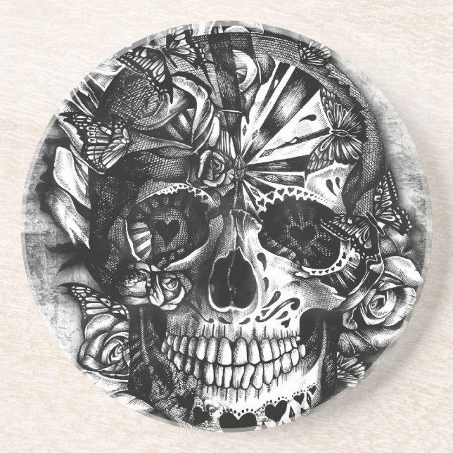 Grunge Candy sugar skull in black and white. Sandstone Coaster (Front)