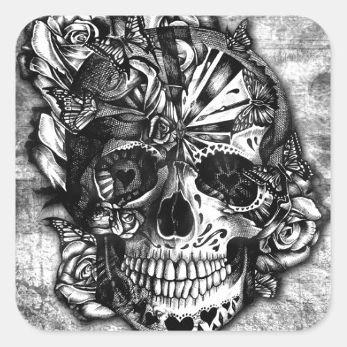 Grunge Candy sugar skull in black and white Square Sticker
