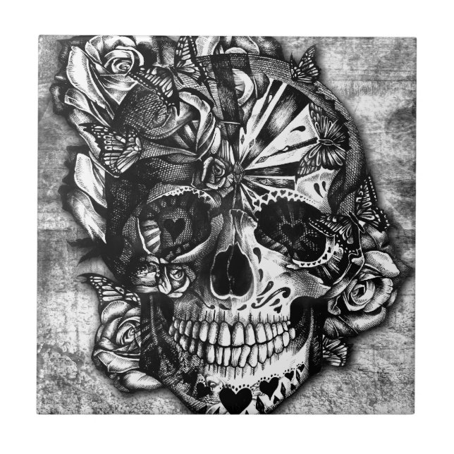 Grunge Candy sugar skull in black and white. Tile (Front)