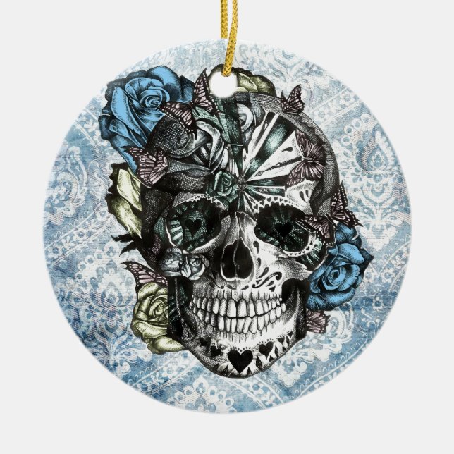 Grunge Candy sugar skull in blue yellow and pink. Ceramic Ornament (Front)