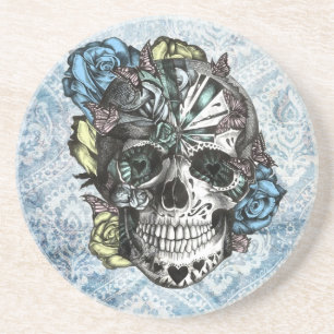 Grunge Candy sugar skull in blue yellow and pink. Drink Coaster