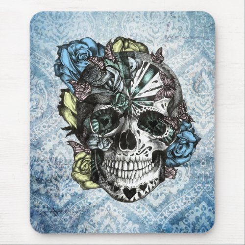 Grunge Candy sugar skull in blue yellow and pink Mouse Pad