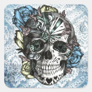 Grunge Candy sugar skull in blue yellow and pink. Square Sticker