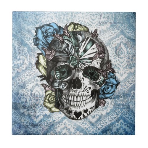 Grunge Candy sugar skull in blue yellow and pink Tile