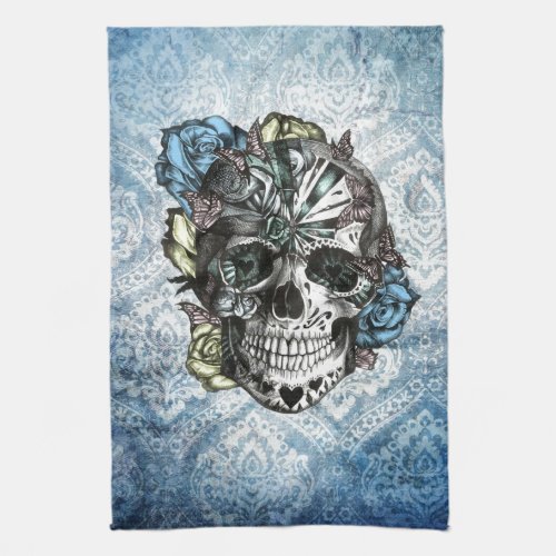 Grunge Candy sugar skull in blue yellow and pink Towel