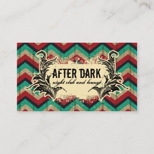 Grunge Chevron Business Card Red Teal Feather