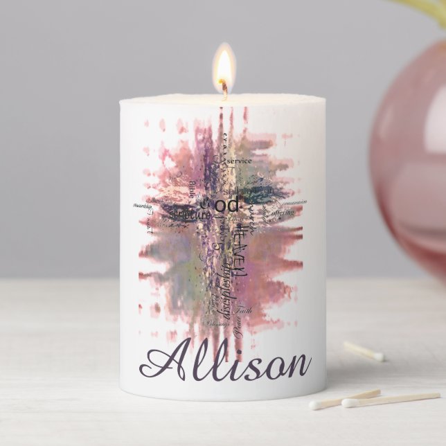 Grunge Christian words cross personalized Pillar Candle (In Situ)