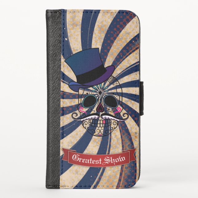 Grunge Circus Sugar Skull Ringmaster Custom Text iPhone Wallet Case (Front)