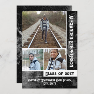 Grunge Concrete 3 Photo Boys Guys Graduation Invitation