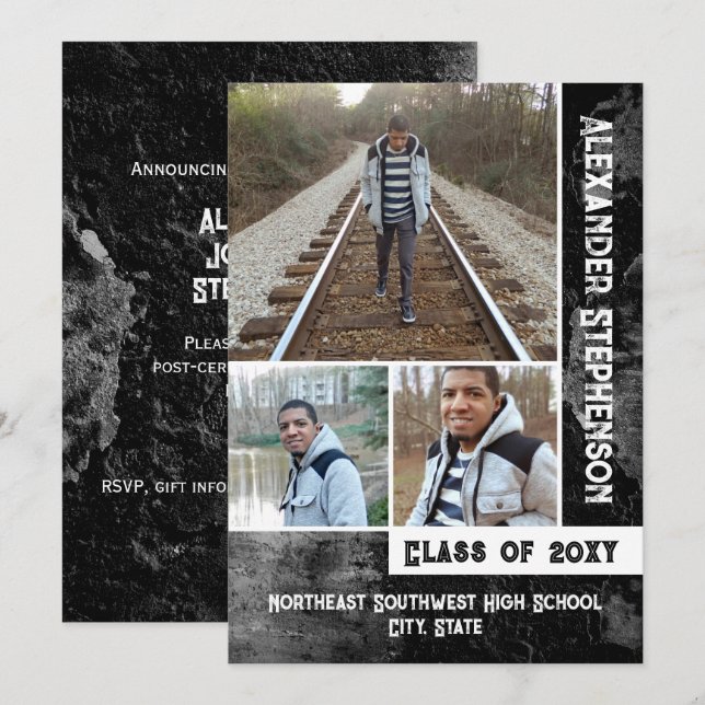 Grunge Concrete 3 Photo Boys Guys Graduation Invitation (Front/Back)