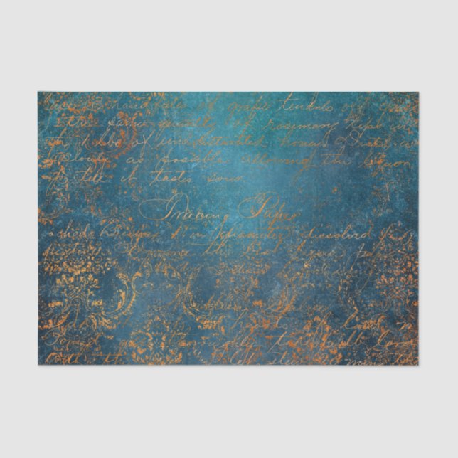 Grunge Copper Patina and Turquoise Calligraphy Tissue Paper (Front)