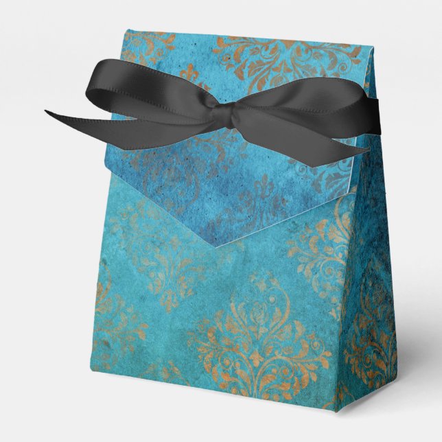 Grunge Copper Patina and Turquoise Damask Favor Boxes (Front Side)