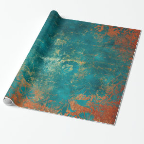 Grunge Copper Patina and Turquoise Damask Wrapping Paper