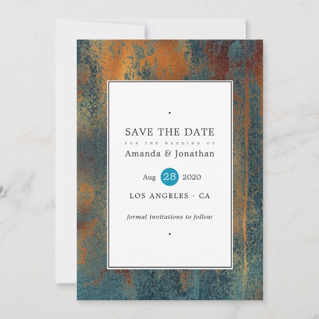 Grunge Copper Patina and Turquoise Wedding Save The Date (Front)