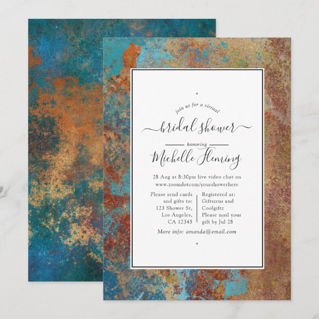 Grunge Copper Patina & Teal Virtual Bridal Shower Invitation (Front/Back)
