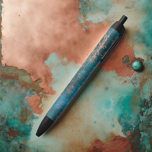 Grunge Copper Patina  Turquoise Verdigris Damask Black Ink Pen