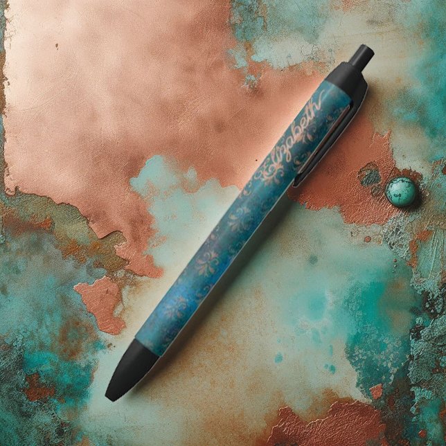 Grunge Copper Patina & Turquoise Verdigris Damask Pen (Grunge Copper Patina and Turquoise Damask Black Ink Pen)
