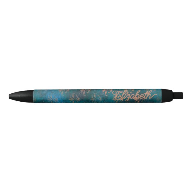 Grunge Copper Patina & Turquoise Verdigris Damask Pen (Front)
