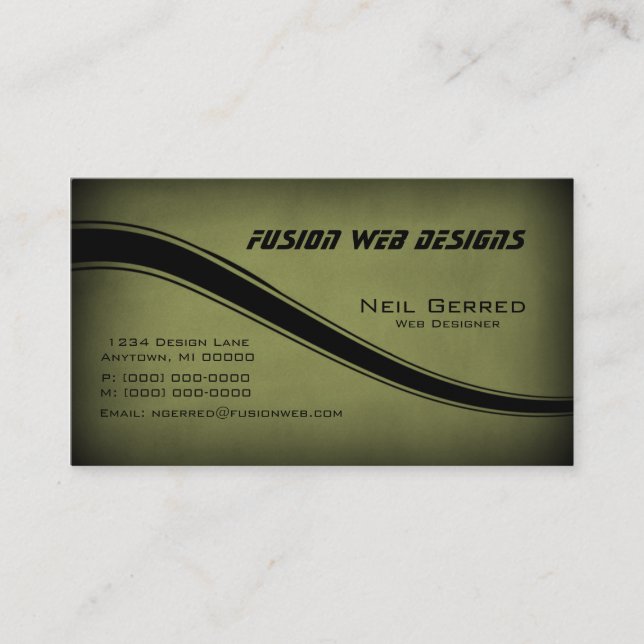 Grunge Curves Business Card, Dark Olive Card (Front)