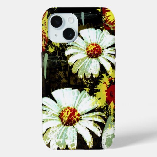 Grunge Daisies and a Dragonfly iPhone 15 Case