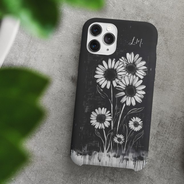 Grunge Daisy Black White Monogram Custom Name Case-Mate iPhone Case (Creator Uploaded)