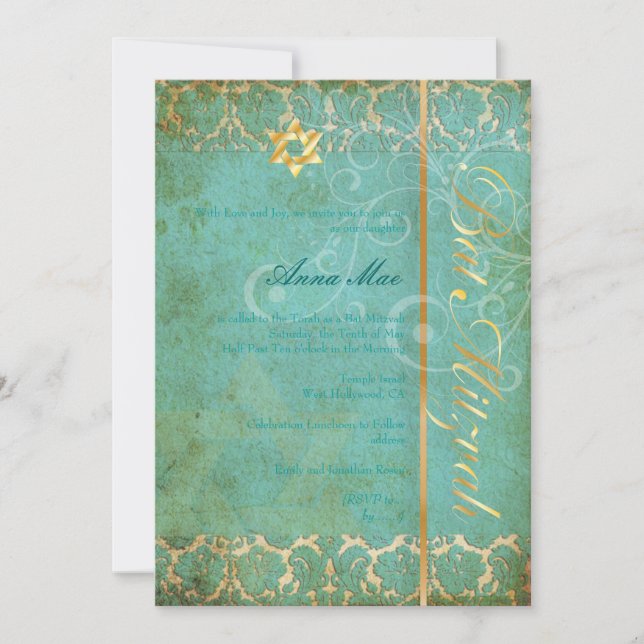 Grunge Damask Bat Mitzvah/teal/gold Invitation (Front)