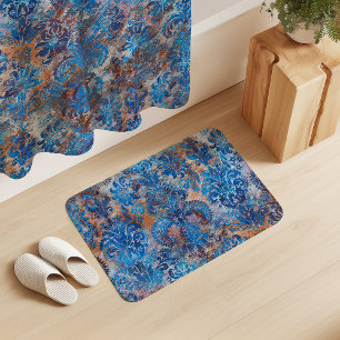Grunge Damask Cobalt Blue Rust Orange Bath Mat