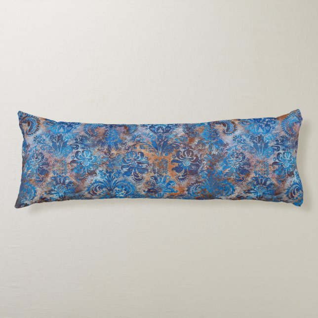 Grunge Damask Cobalt Blue Rust Orange Body Pillow (Front)