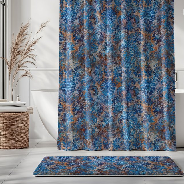 Grunge Damask Cobalt Blue Rust Orange Shower Curtain (Creator Uploaded)