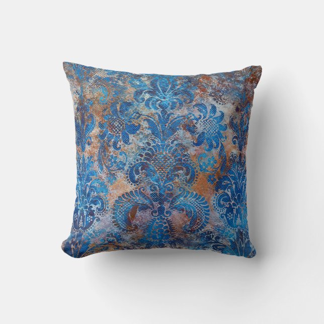 Grunge Damask Cobalt Blue Rust Orange Throw Pillow (Front)