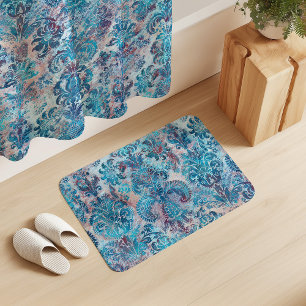 Grunge Damask Denim Blue Burgundy Peach Blush Pink Bath Mat