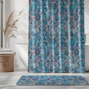 Grunge Damask Denim Blue Burgundy Peach Blush Pink Shower Curtain