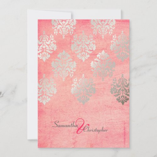 Grunge Damask/pink/faux silver wedding invitations