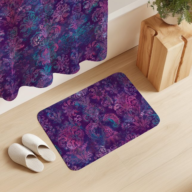 Grunge Damask Purple Violet Hot Pink Turquoise Bath Mat (Creator Uploaded)