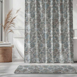 Grunge Damask Taupe Sky Blue Cream Grey Shower Curtain