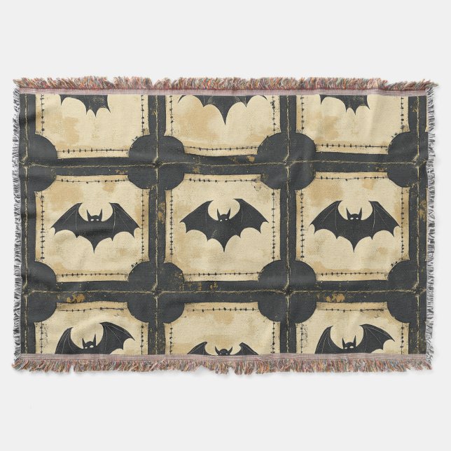 Grunge Denim Halloween Patchwork with Bats (2) Throw Blanket (Front)