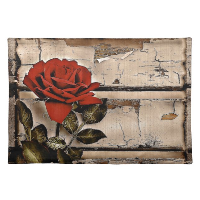 Grunge Distressed Barn Wood Rustic Red Rose Cloth Placemat (Front)