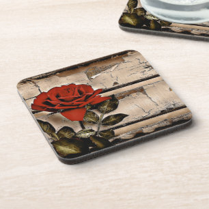 Grunge Distressed Barn Wood Rustic Red Rose Drink Coaster