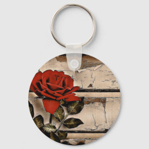 Grunge Distressed Barn Wood Rustic Red Rose Keychain
