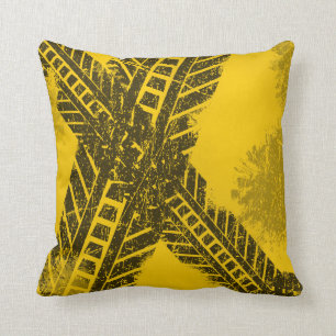 Grunge distressed black tire track road marking throw pillow