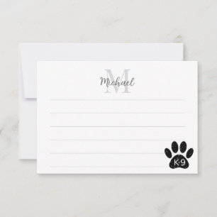 Grunge Distressed Dog Paw K-9 Lined Monogram Note Card