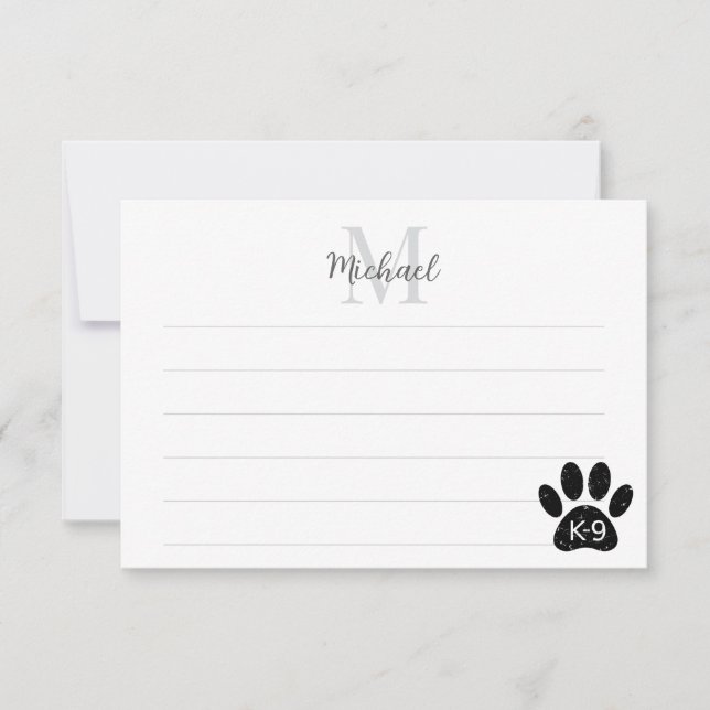 Grunge Distressed Dog Paw K-9 Lined Monogram Note Card (Front)