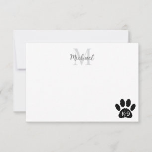 Grunge Distressed Dog Paw K-9 Monogram Note Card