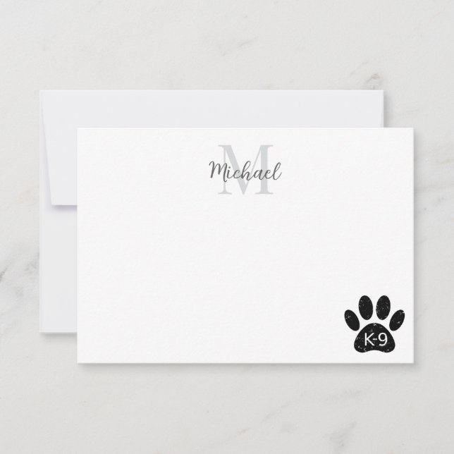 Grunge Distressed Dog Paw K-9 Monogram Note Card (Front)