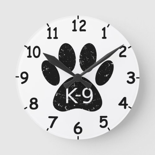 Grunge Distressed Dog Paw K_9 Round Clock